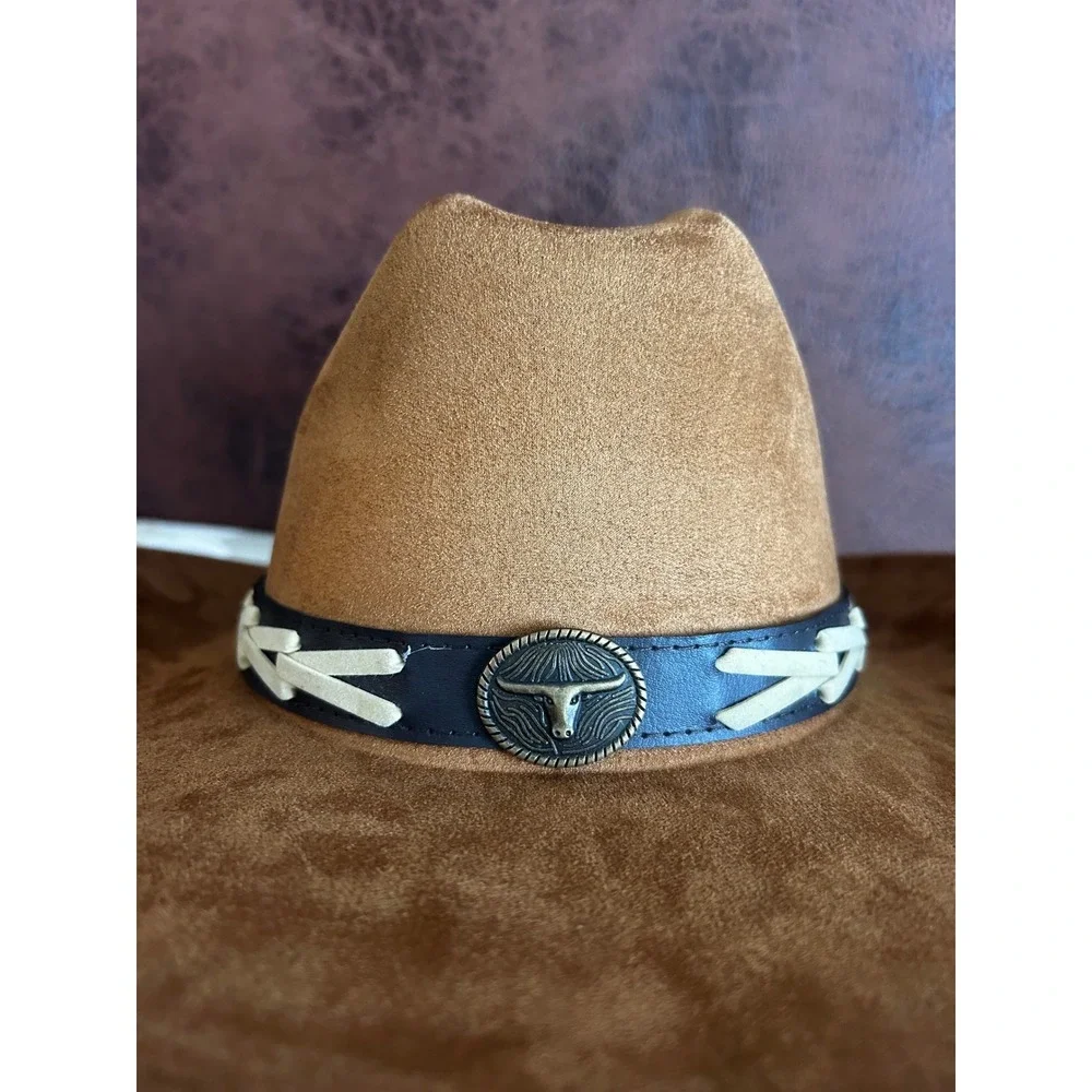 Eighty Eight‎ Brown Faux Suede Cowboy Hat with Bull Concho and Whipstitch